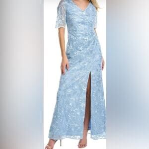 Adrianna Papell Women's Floral Embroidered Ruched Short Sleeve Front Slit Gown 6